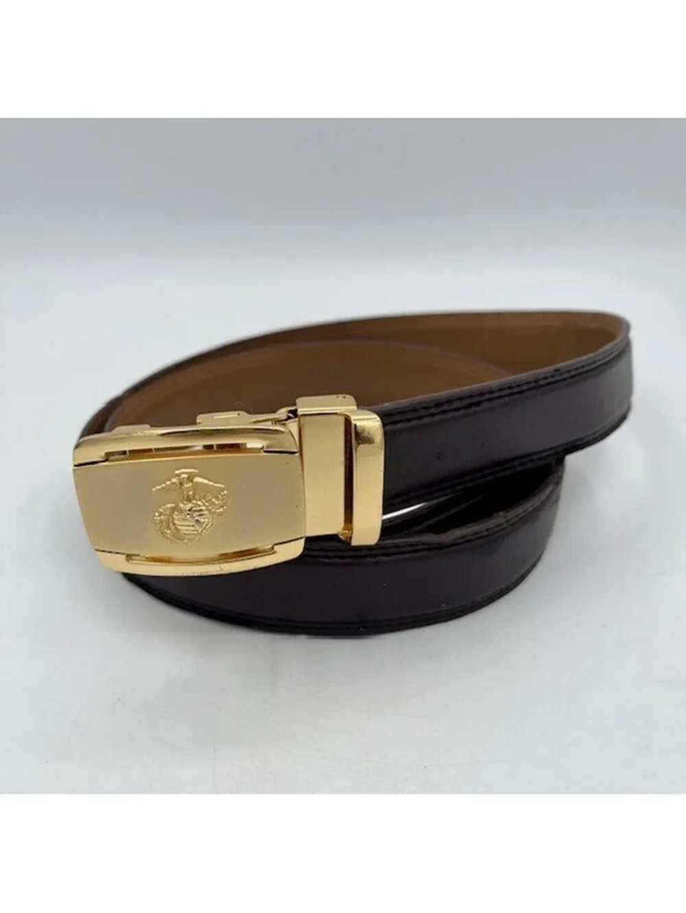 Brown Leather Belt Gold Finished Buckle With Eagl Globe & Anchor Emblem Size 48